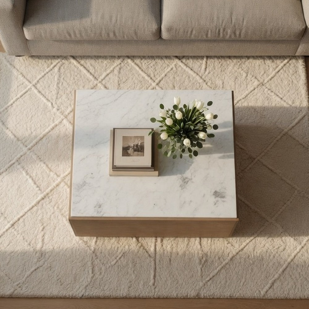 Joi 38" Square Coffee Table | Real White Marble Top | Solid Mango Wood Base | S&blasted Light Brown By The  Urban Port
