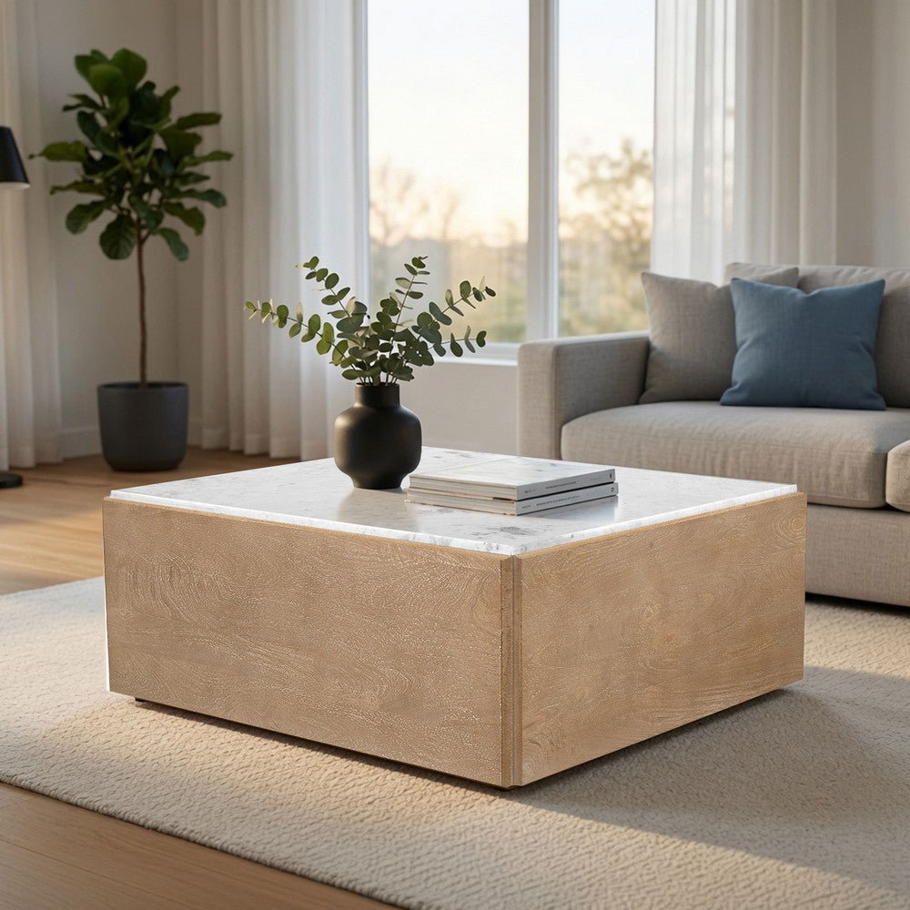 Joi 38 Inch Square Coffee Table, Natural White Marble Top, Solid Mango Wood Base, Sandblasted Light Brown By The  Urban Port