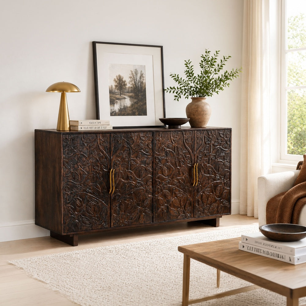 Suzi 4 Door Sideboard Storage Cabinet | Antique Brass H&les | H&carved Floral Motifs | Brown Mango Wood | 60" By The  Urban Port