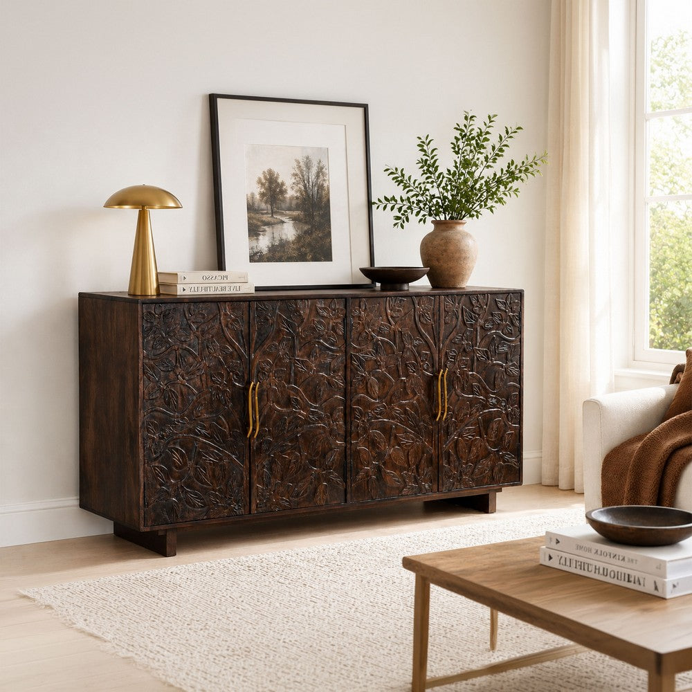 Suzi 4 Door Sideboard Storage Cabinet | Antique Brass H&les | H&carved Floral Motifs | Brown Mango Wood | 60" By The  Urban Port