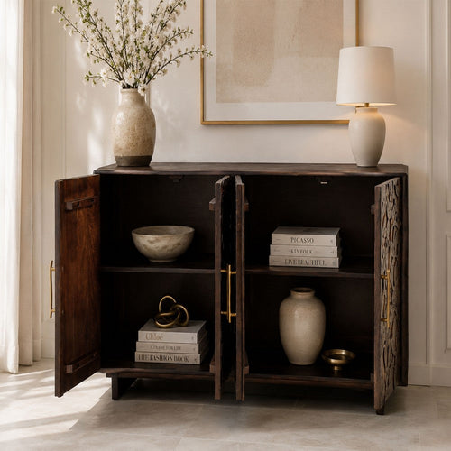 Suzi 4 Door Sideboard Storage Cabinet | Antique Brass H&les | H&carved Floral Motifs | Brown Mango Wood | 60" By The  Urban Port