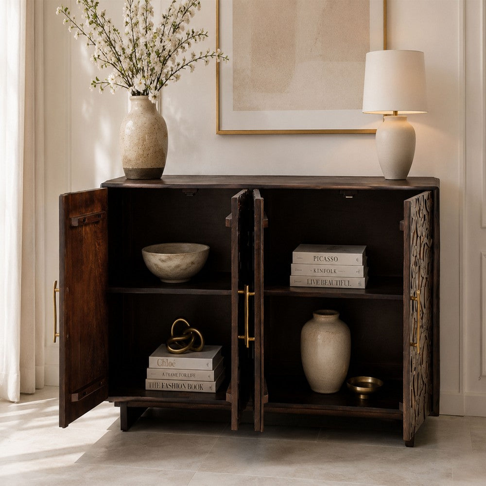 Suzi 4 Door Sideboard Storage Cabinet | Antique Brass H&les | H&carved Floral Motifs | Brown Mango Wood | 60" By The  Urban Port