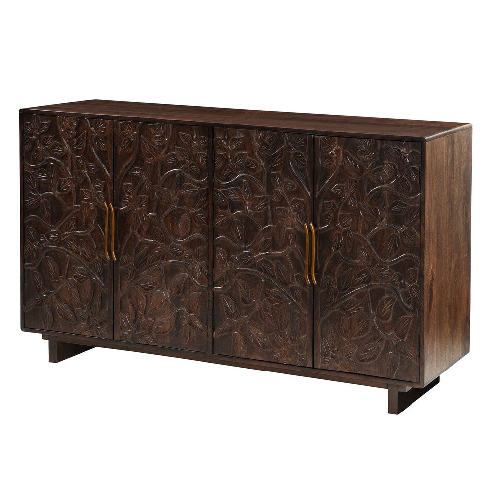 Suzi 4 Door Sideboard Storage Cabinet | Antique Brass H&les | H&carved Floral Motifs | Brown Mango Wood | 60" By The  Urban Port