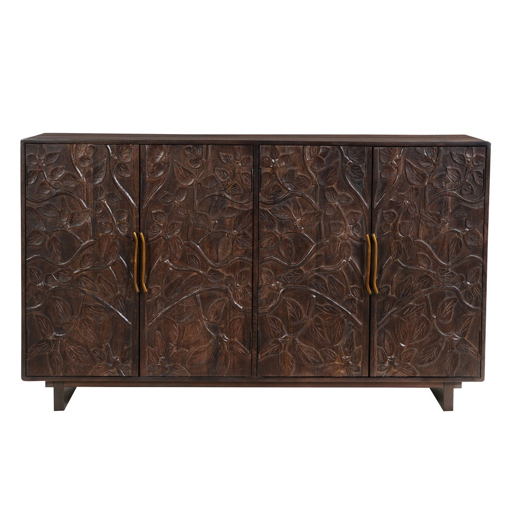 Suzi 4 Door Sideboard Storage Cabinet | Antique Brass H&les | H&carved Floral Motifs | Brown Mango Wood | 60" By The  Urban Port