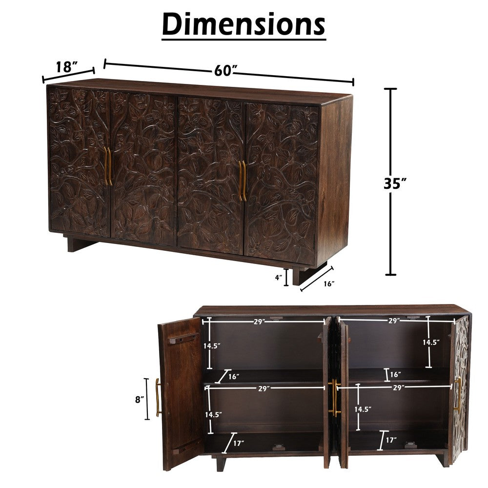 Suzi 4 Door Sideboard Storage Cabinet | Antique Brass H&les | H&carved Floral Motifs | Brown Mango Wood | 60" By The  Urban Port