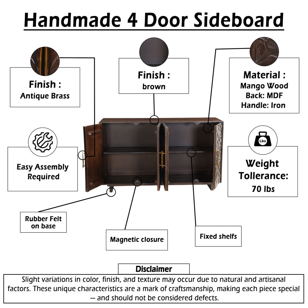 Suzi 4 Door Sideboard Storage Cabinet | Antique Brass H&les | H&carved Floral Motifs | Brown Mango Wood | 60" By The  Urban Port