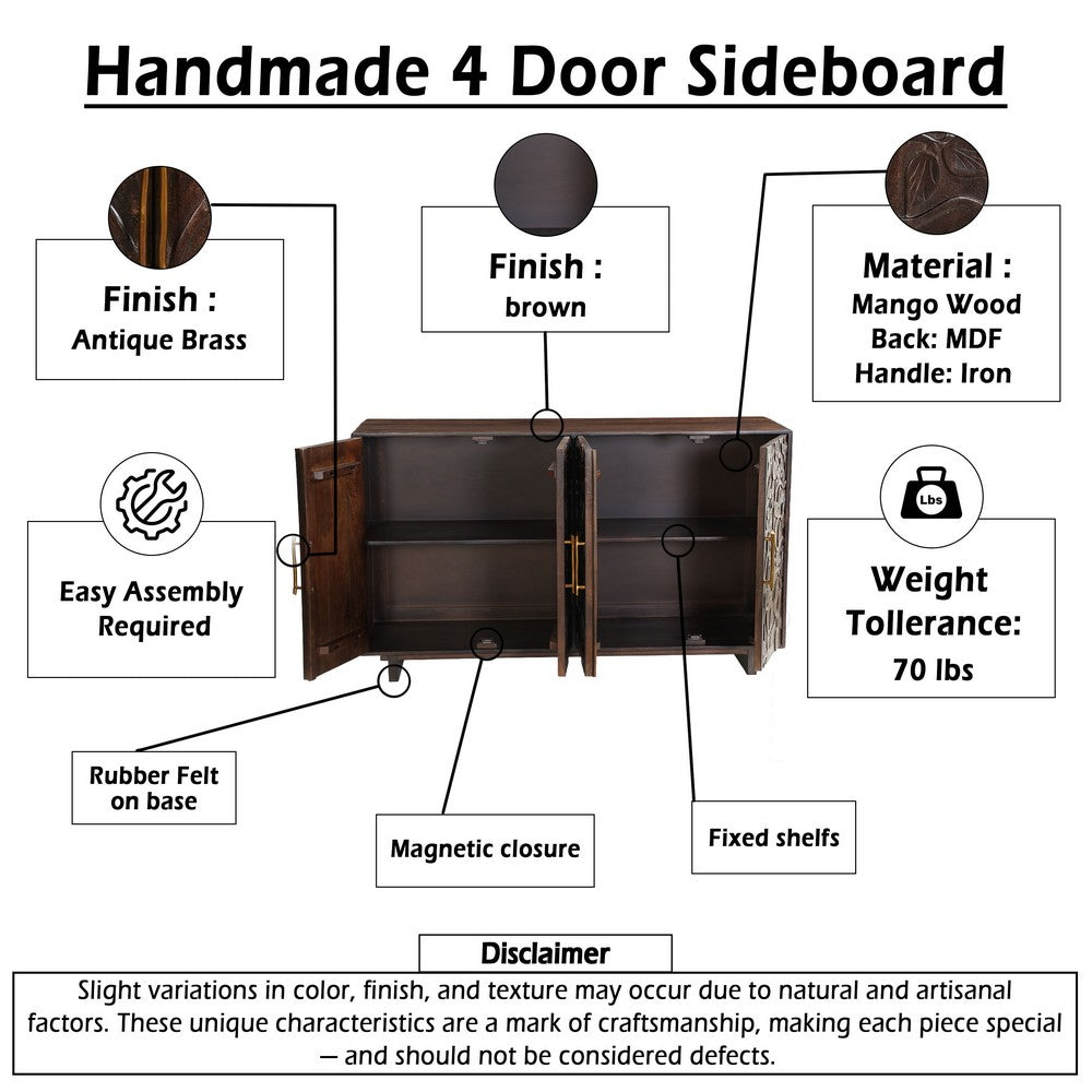 Suzi 4 Door Sideboard Storage Cabinet | Antique Brass H&les | H&carved Floral Motifs | Brown Mango Wood | 60" By The  Urban Port
