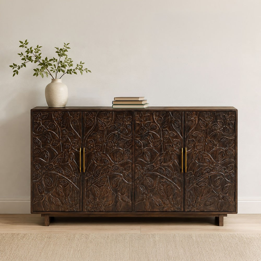 Suzi 4 Door Sideboard Storage Cabinet | Antique Brass H&les | H&carved Floral Motifs | Brown Mango Wood | 60" By The  Urban Port
