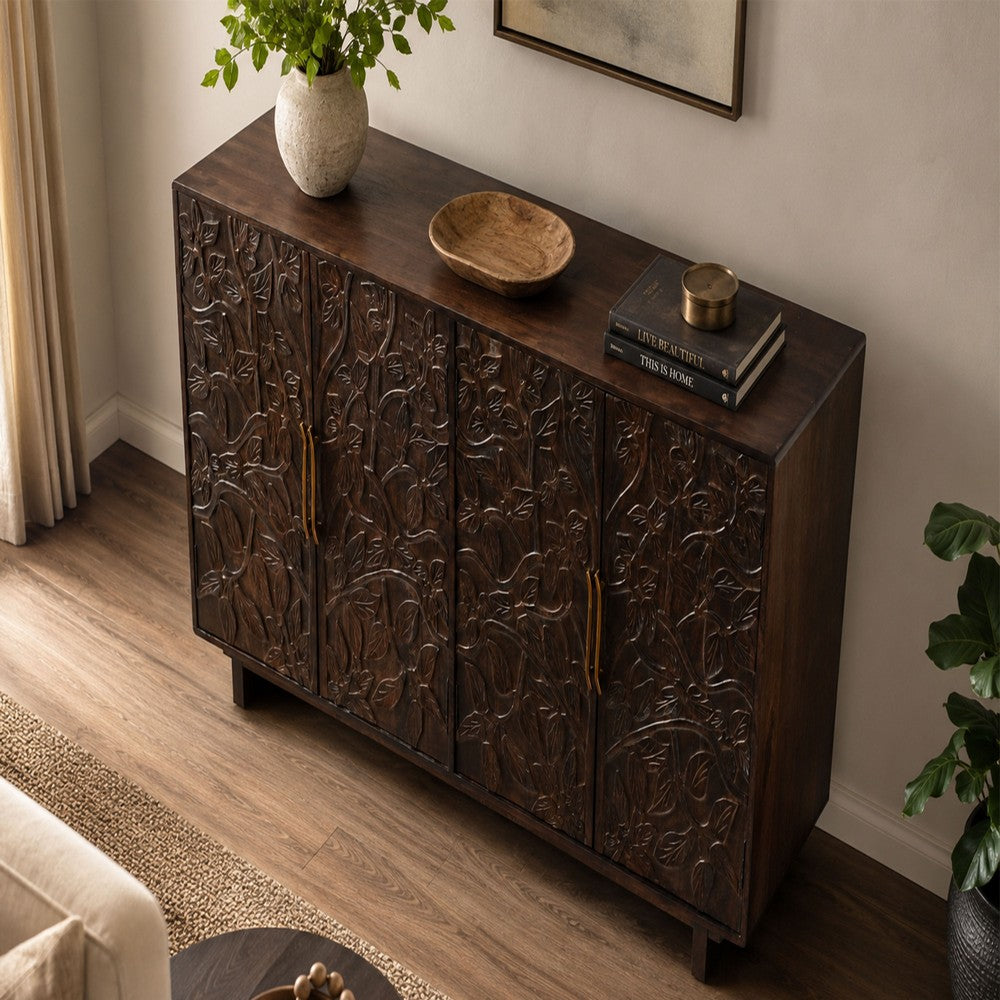 Suzi 4 Door Sideboard Storage Cabinet | Antique Brass H&les | H&carved Floral Motifs | Brown Mango Wood | 60" By The  Urban Port