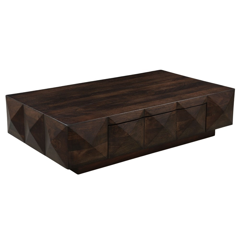 Jisaku 48" Coffee Table with Storage Drawer | 3D Diamond Carved Panels | Walnut Brown Mango Wood By The  Urban Port