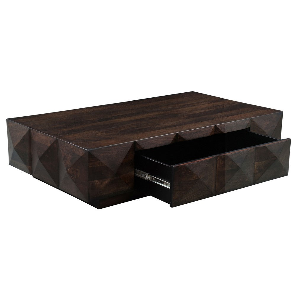 Jisaku 48" Coffee Table with Storage Drawer | 3D Diamond Carved Panels | Walnut Brown Mango Wood By The  Urban Port