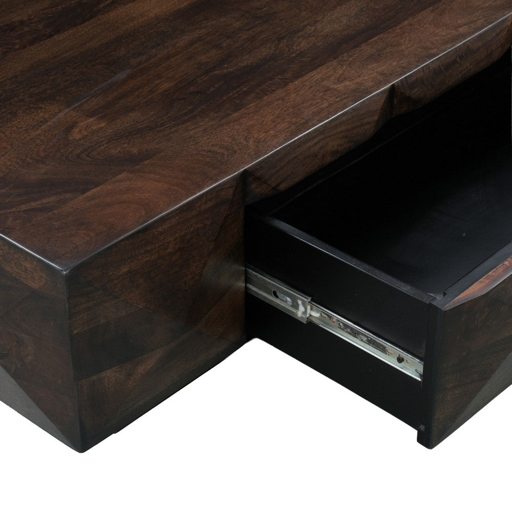 Jisaku 48" Coffee Table with Storage Drawer | 3D Diamond Carved Panels | Walnut Brown Mango Wood By The  Urban Port