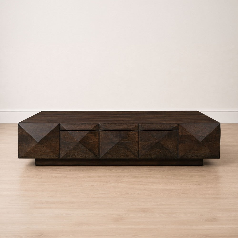 Jisaku 48" Coffee Table with Storage Drawer | 3D Diamond Carved Panels | Walnut Brown Mango Wood By The  Urban Port