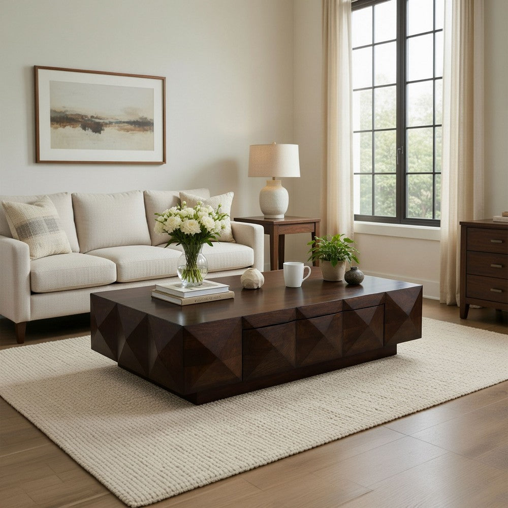 Jisaku 48" Coffee Table with Storage Drawer | 3D Diamond Carved Panels | Walnut Brown Mango Wood By The  Urban Port