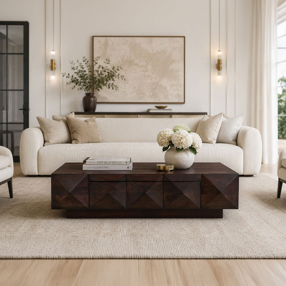 Jisaku 48" Coffee Table with Storage Drawer | 3D Diamond Carved Panels | Walnut Brown Mango Wood By The  Urban Port