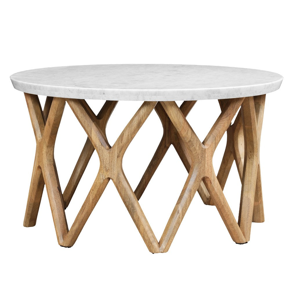 Jena 32" Round Coffee Table | White Banswara Marble Top | Criss Cross Base | Natural Brown By The Urban Port