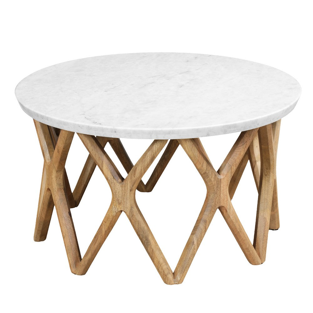Jena 32" Round Coffee Table | White Banswara Marble Top | Criss Cross Base | Natural Brown By The Urban Port