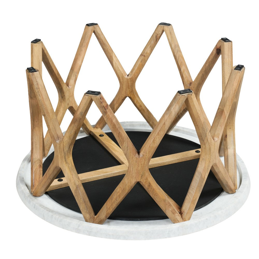 Jena 32" Round Coffee Table | White Banswara Marble Top | Criss Cross Base | Natural Brown By The Urban Port