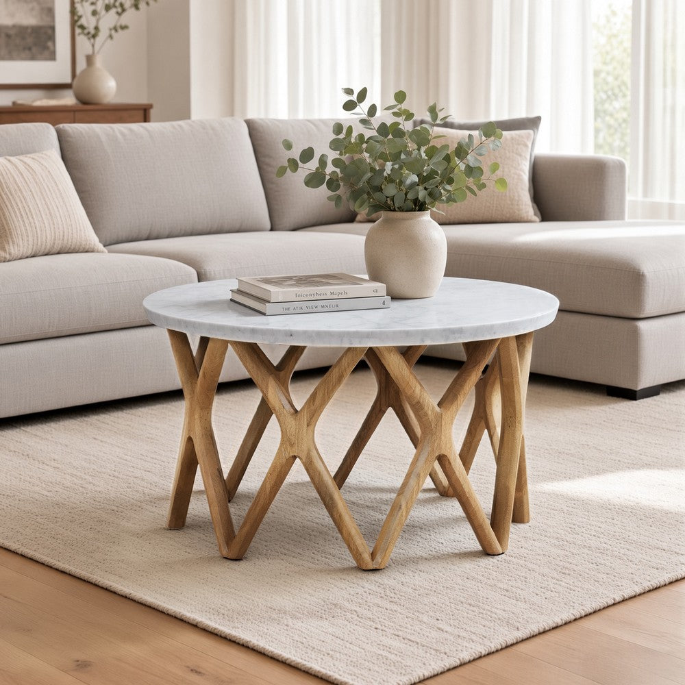 Jena 32" Round Coffee Table | White Banswara Marble Top | Criss Cross Base | Natural Brown By The Urban Port