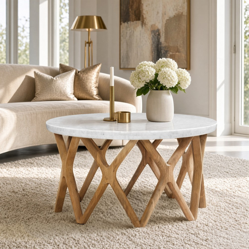Jena 32" Round Coffee Table | White Banswara Marble Top | Criss Cross Base | Natural Brown By The Urban Port