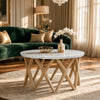 Jena 32" Round Coffee Table | White Banswara Marble Top | Criss Cross Base | Natural Brown By The Urban Port