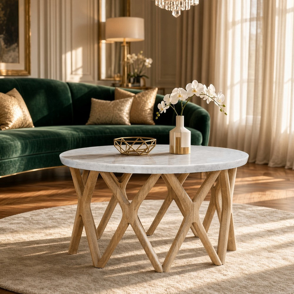Jena 32" Round Coffee Table | White Banswara Marble Top | Criss Cross Base | Natural Brown By The Urban Port