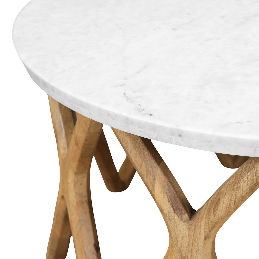 Jena 32" Round Coffee Table | White Banswara Marble Top | Criss Cross Base | Natural Brown By The Urban Port