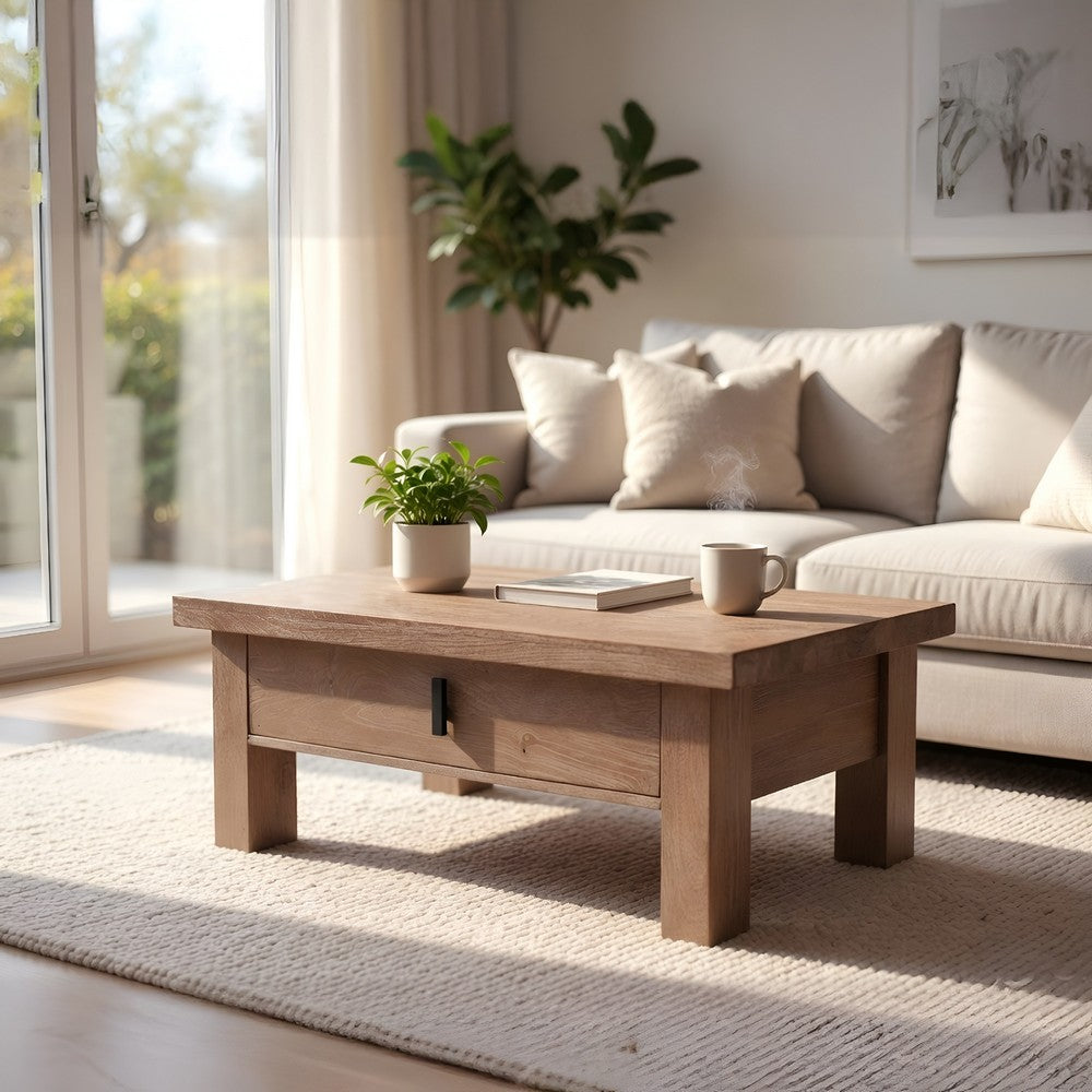 Les 36" Square Coffee Table with Panel Legs | 2 Storage Drawers | Matte Brown Mango Wood | Black H&les By The  Urban Port