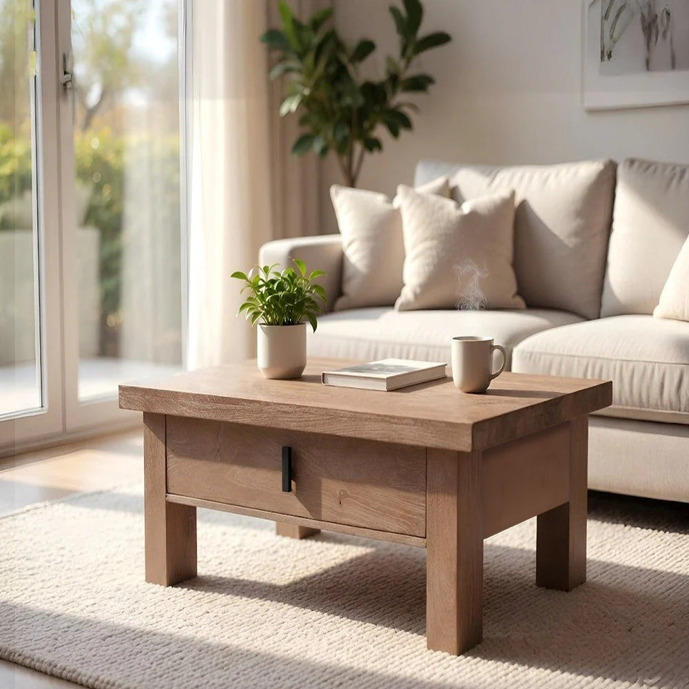 Les 36" Square Coffee Table with Panel Legs | 2 Storage Drawers | Matte Brown Mango Wood | Black H&les By The  Urban Port