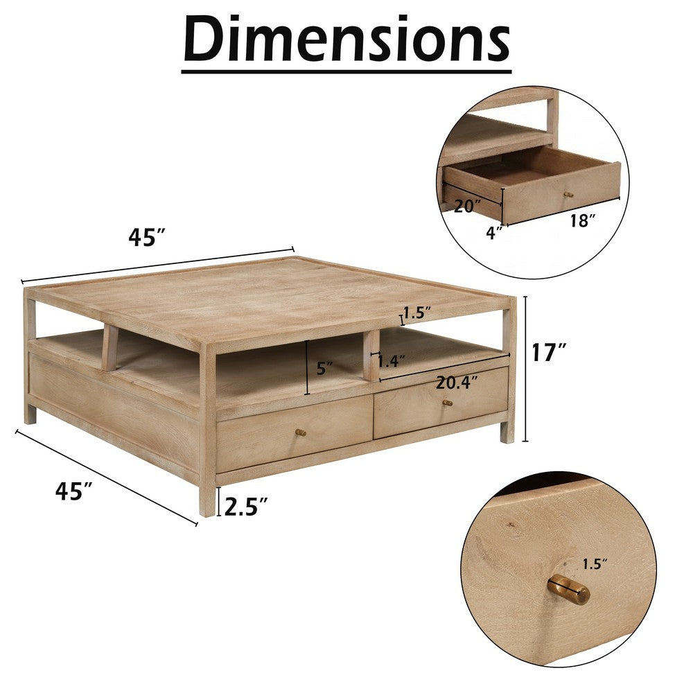 Hika 45" Square Coffee Table | 4 Storage Drawers & Open Shelf | Light Brown Mango Wood By The  Urban Port