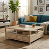 Hika 45" Square Coffee Table | 4 Storage Drawers & Open Shelf | Light Brown Mango Wood By The  Urban Port
