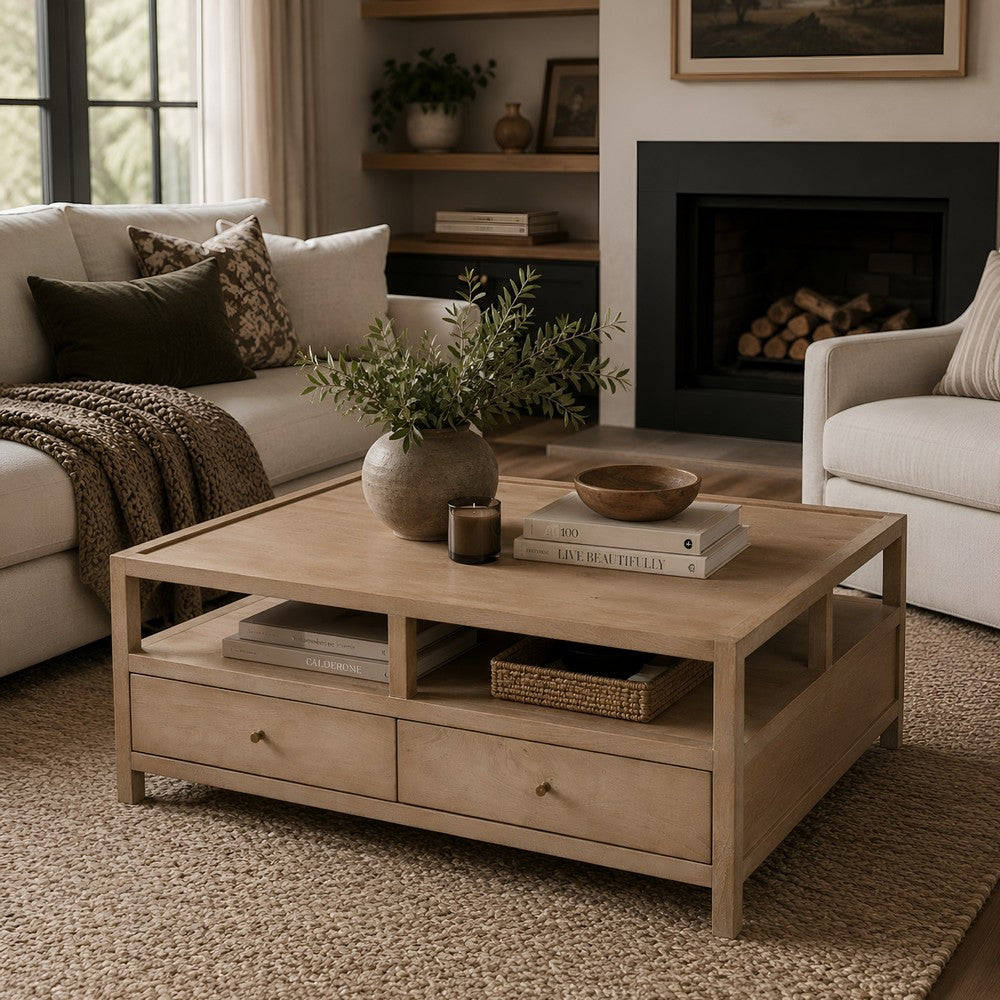 Hika 45" Square Coffee Table | 4 Storage Drawers & Open Shelf | Light Brown Mango Wood By The  Urban Port