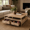 Hika 45" Square Coffee Table | 4 Storage Drawers & Open Shelf | Light Brown Mango Wood By The  Urban Port