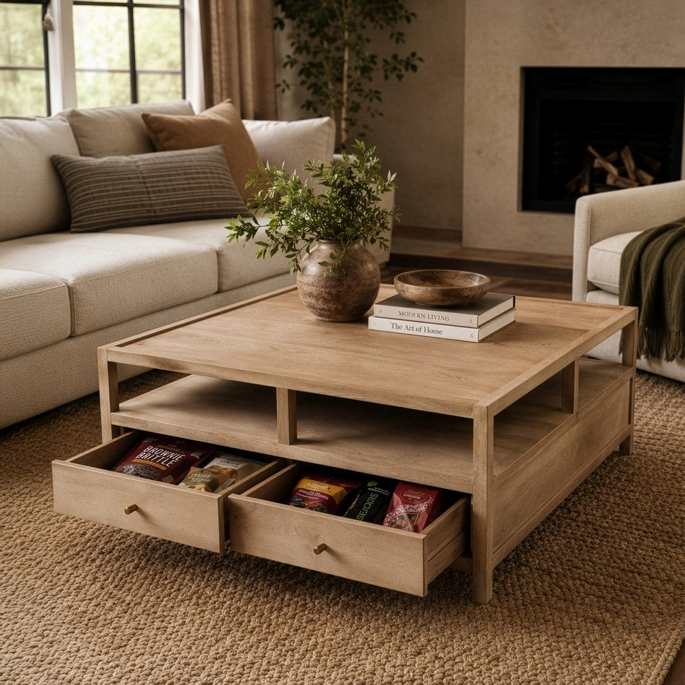 Hika 45" Square Coffee Table | 4 Storage Drawers & Open Shelf | Light Brown Mango Wood By The  Urban Port