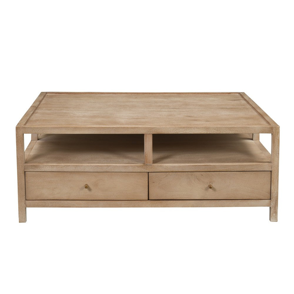 Hika 45" Square Coffee Table | 4 Storage Drawers & Open Shelf | Light Brown Mango Wood By The  Urban Port