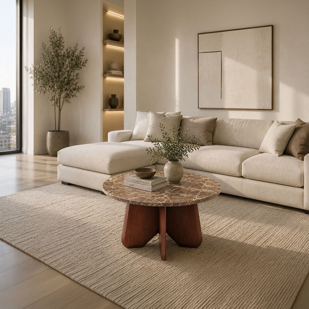 Zena 36" Round Coffee Table | Spainish Emperador Marble Top | Brown Mango Wood Cross Legs By The  Urban Port