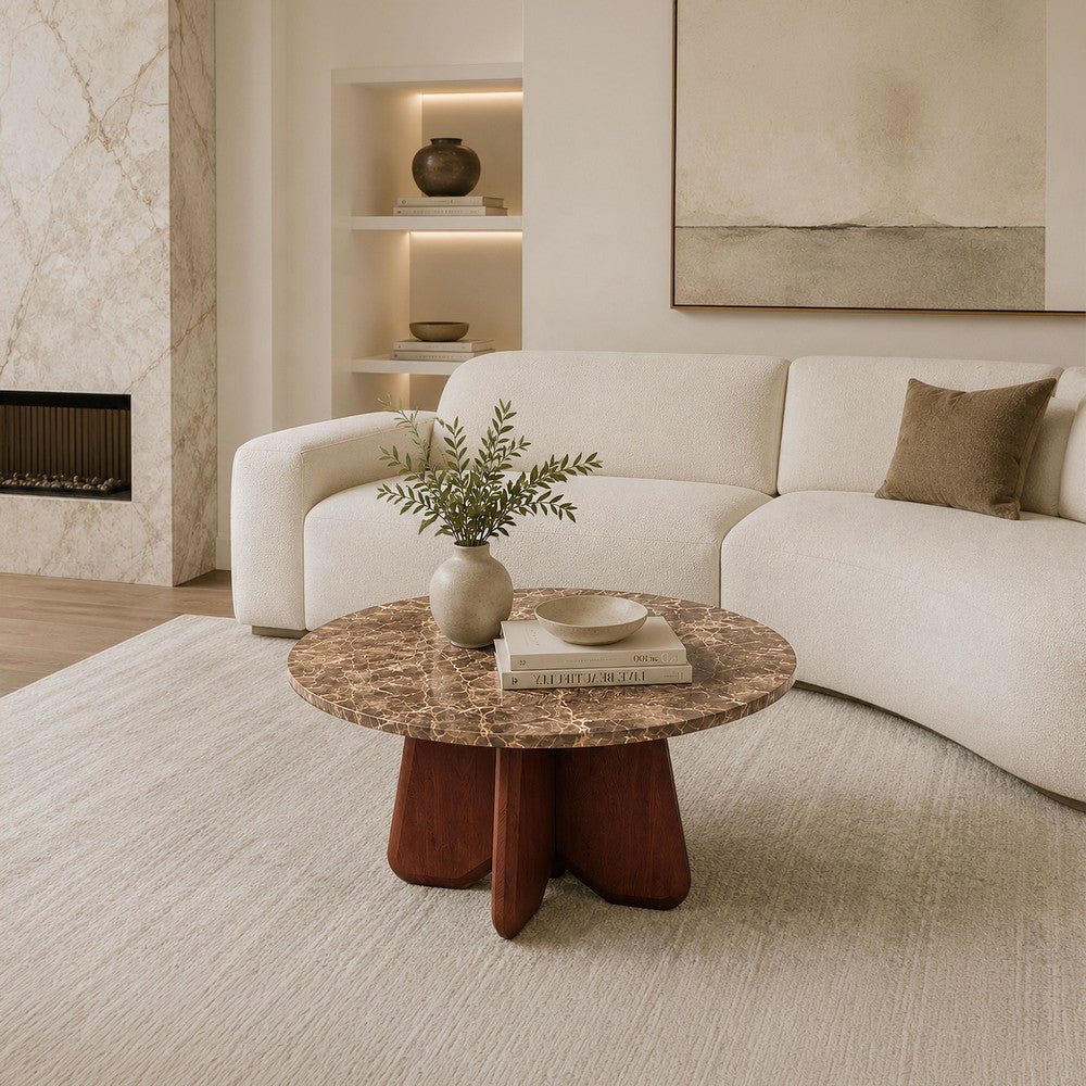 Zena 36" Round Coffee Table | Spainish Emperador Marble Top | Brown Mango Wood Cross Legs By The  Urban Port