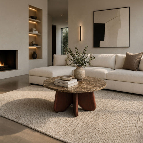 Zena 36" Round Coffee Table | Spanish Emperador Marble Top | Brown Mango Wood Cross Legs By The  Urban Port