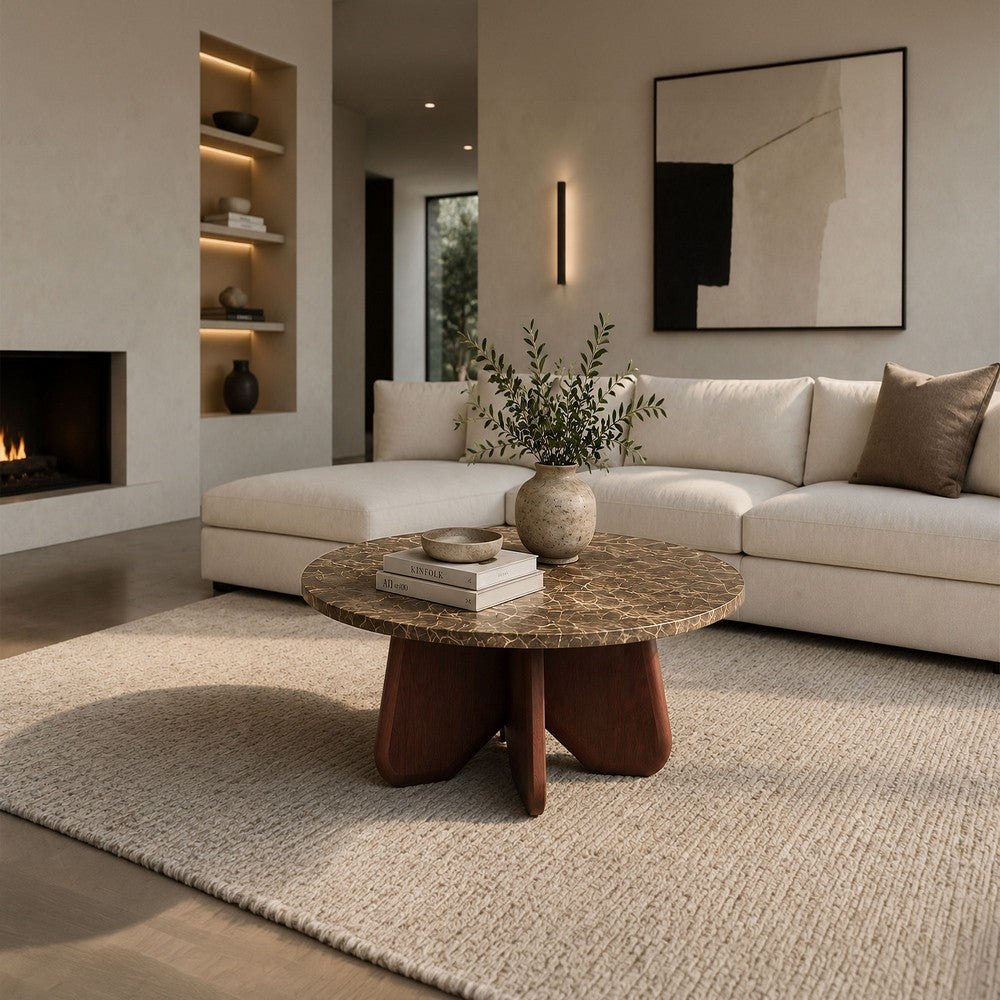Zena 36" Round Coffee Table | Spainish Emperador Marble Top | Brown Mango Wood Cross Legs By The  Urban Port