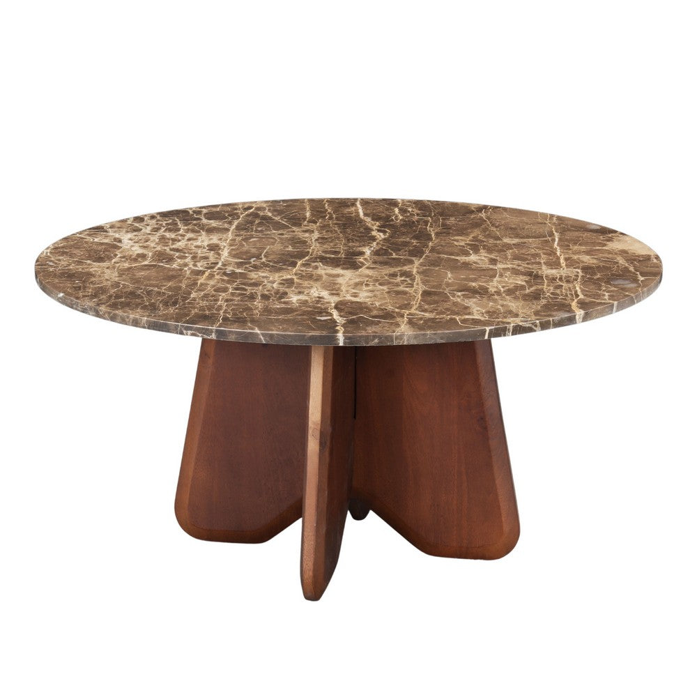 Zena 36" Round Coffee Table | Spainish Emperador Marble Top | Brown Mango Wood Cross Legs By The  Urban Port