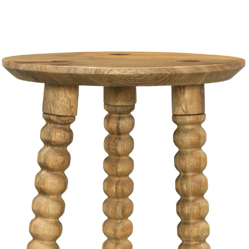 Geya Round Side Table, Tripod Spindle Legs, Natural Brown Mango Wood, 24 Inch High By The Urban Port