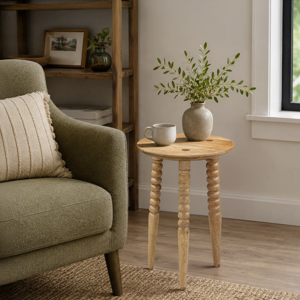 Geya Round Side Table, Tripod Spindle Legs, Natural Brown Mango Wood, 24 Inch High By The Urban Port
