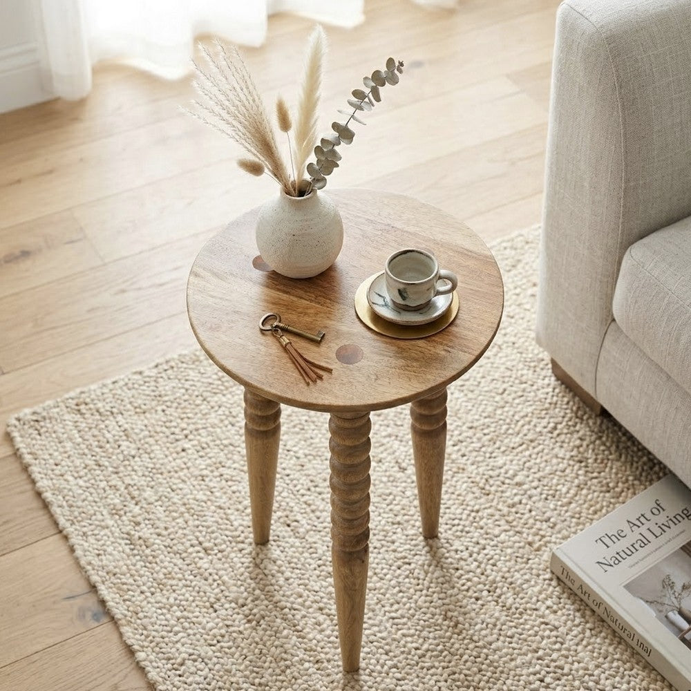 Geya Round Side Table, Tripod Spindle Legs, Natural Brown Mango Wood, 24 Inch High By The Urban Port
