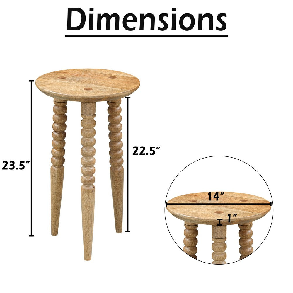 Geya Round Side Table, Tripod Spindle Legs, Natural Brown Mango Wood, 24 Inch High By The Urban Port