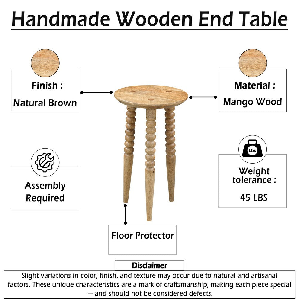 Geya Round Side Table, Tripod Spindle Legs, Natural Brown Mango Wood, 24 Inch High By The Urban Port