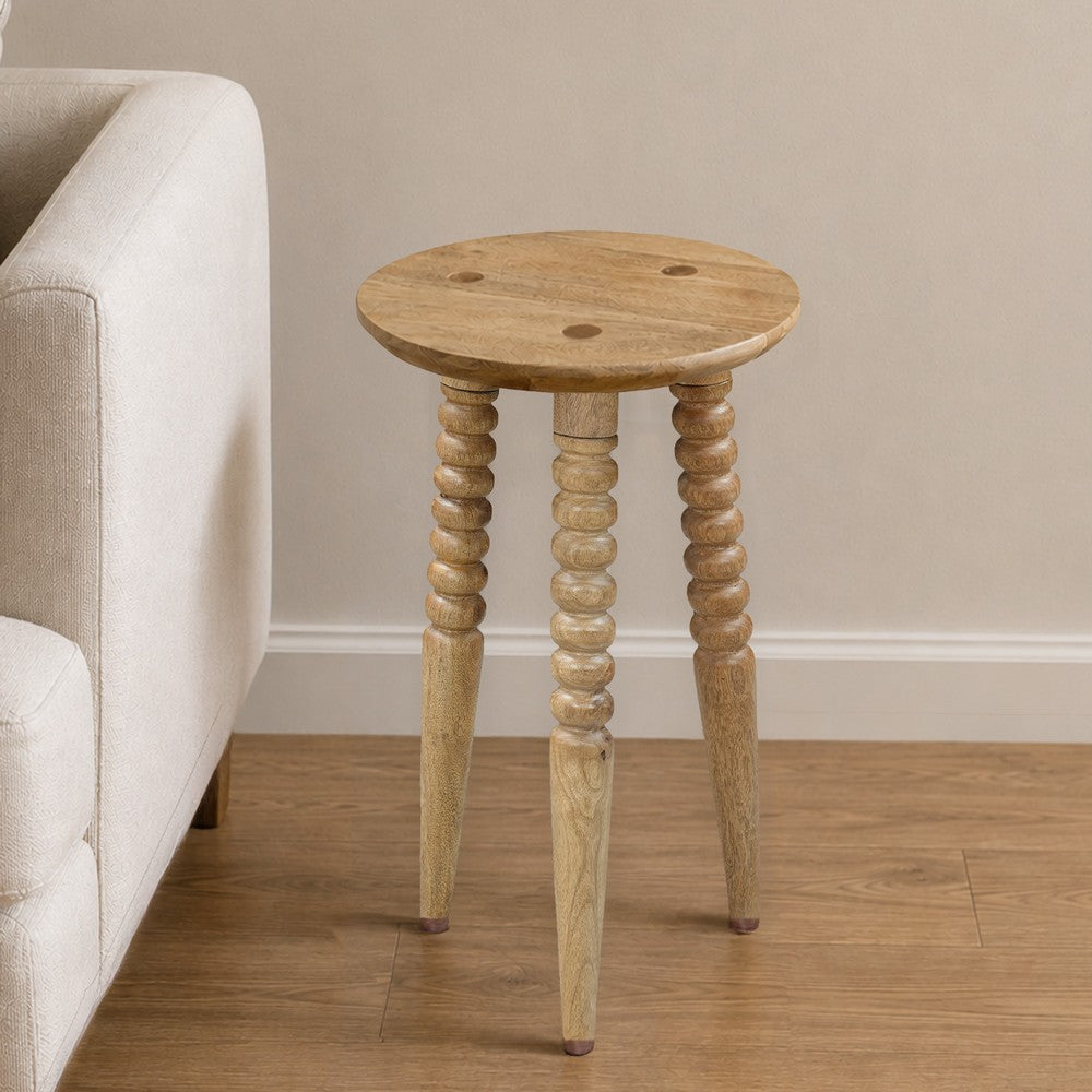 Geya Round Side Table, Tripod Spindle Legs, Natural Brown Mango Wood, 24 Inch High By The Urban Port