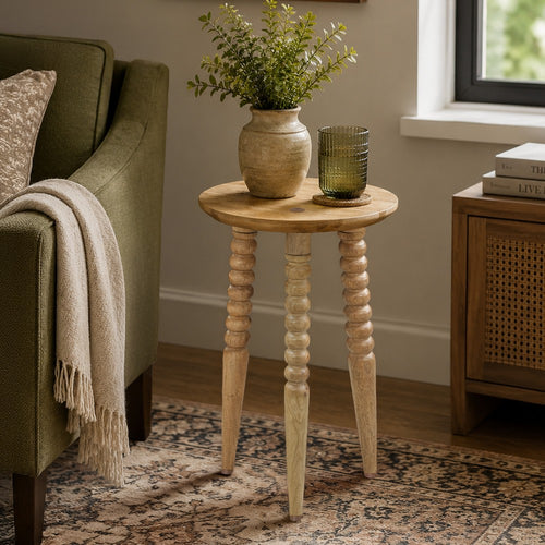 Geya Round Side Table, Tripod Spindle Legs, Natural Brown Mango Wood, 24 Inch High By The Urban Port