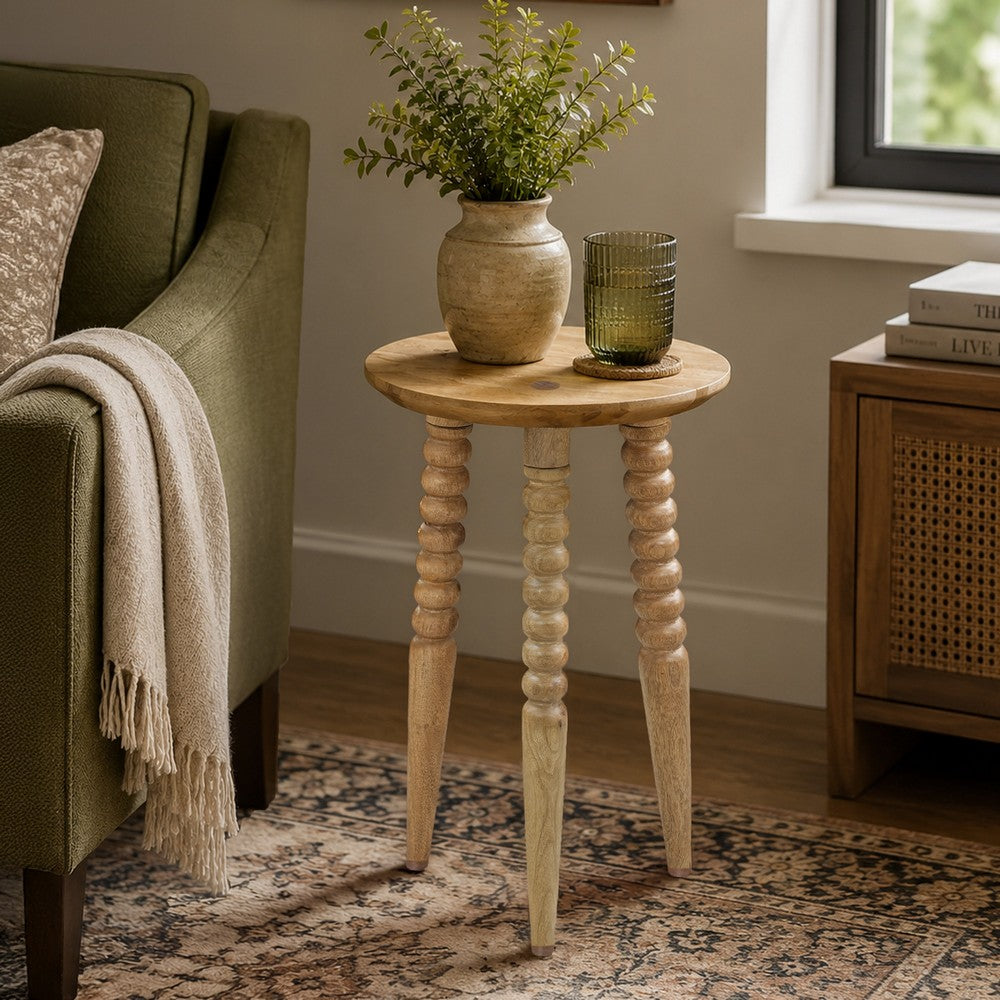 Geya Round Side Table, Tripod Spindle Legs, Natural Brown Mango Wood, 24 Inch High By The Urban Port