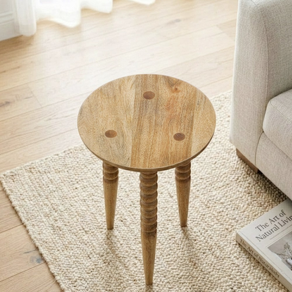 Geya Round Side Table, Tripod Spindle Legs, Natural Brown Mango Wood, 24 Inch High By The Urban Port