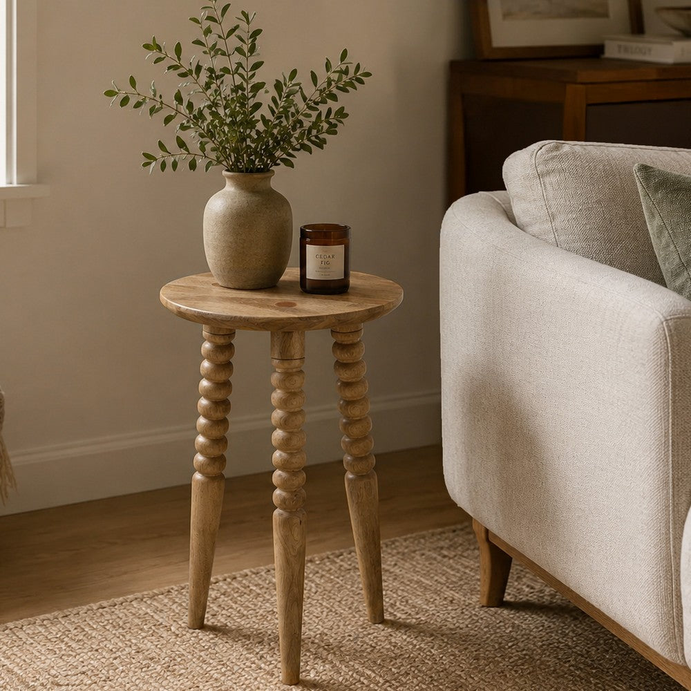 Geya Round Side Table, Tripod Spindle Legs, Natural Brown Mango Wood, 24 Inch High By The Urban Port